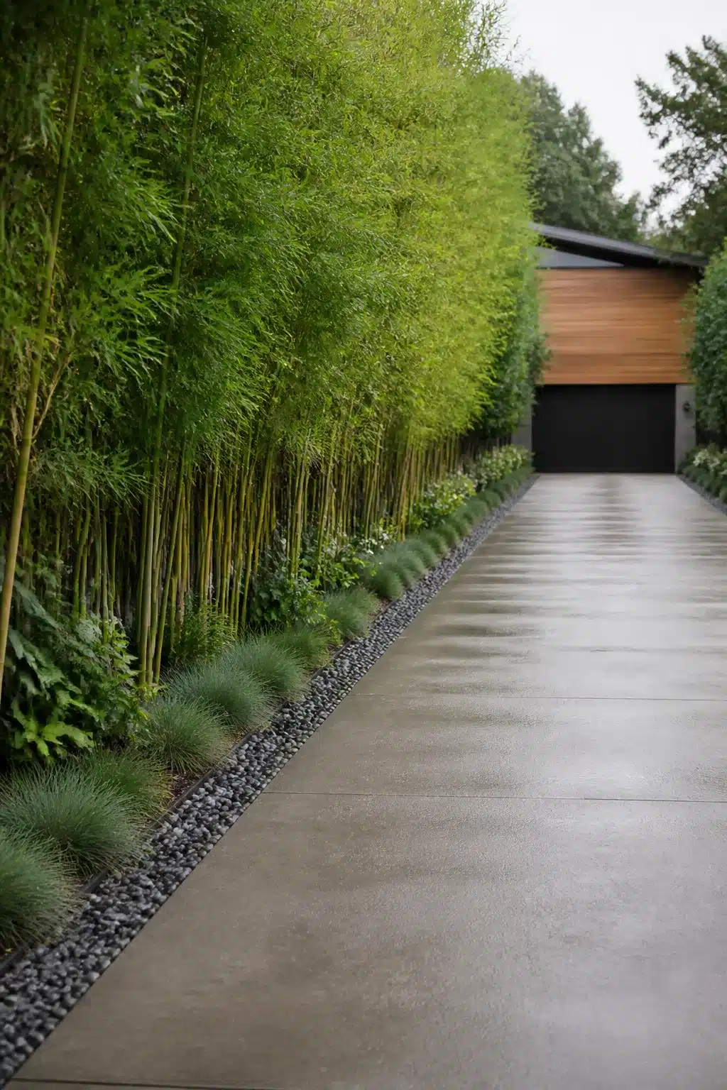 Driveway border idea with tall bamboo screening, charcoal gravel strip, and ornamental grass edging along concrete driveway.