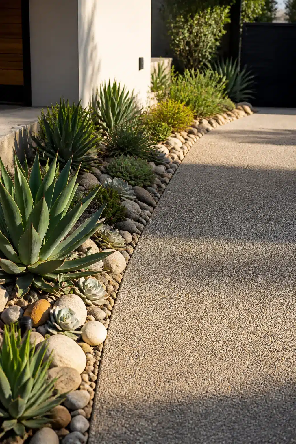 River rock and agave succulent driveway border ideas with rounded pebbles and exposed aggregate path