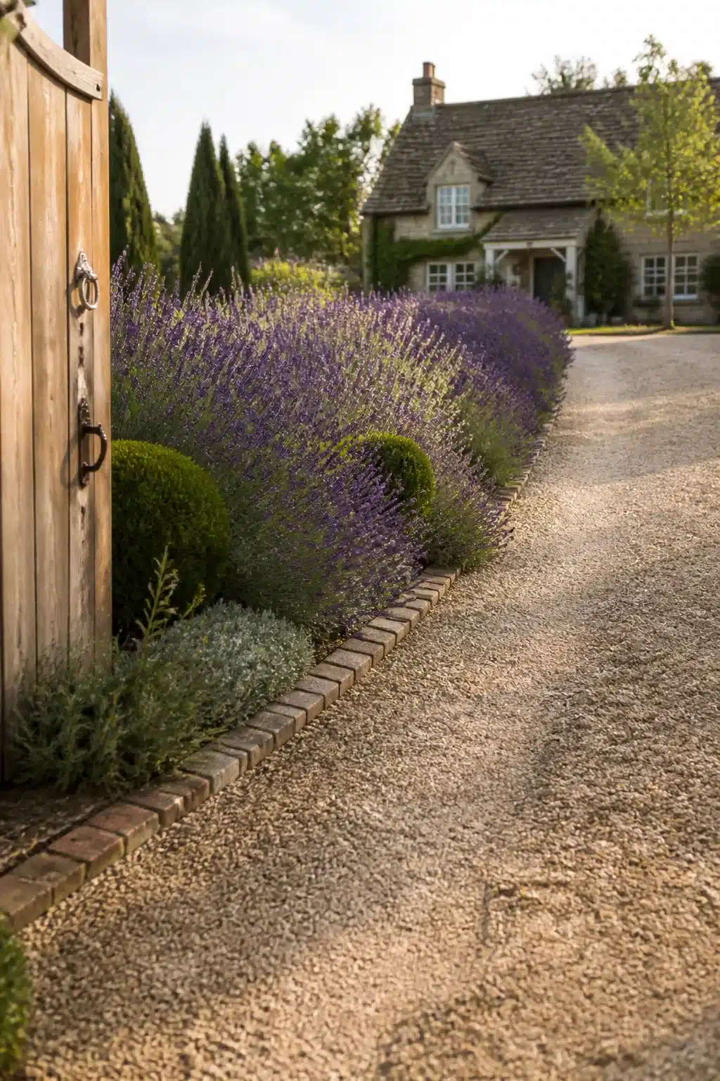 Gravel driveway border ideas with purple lavender planting strip and brick edging alongside a country house