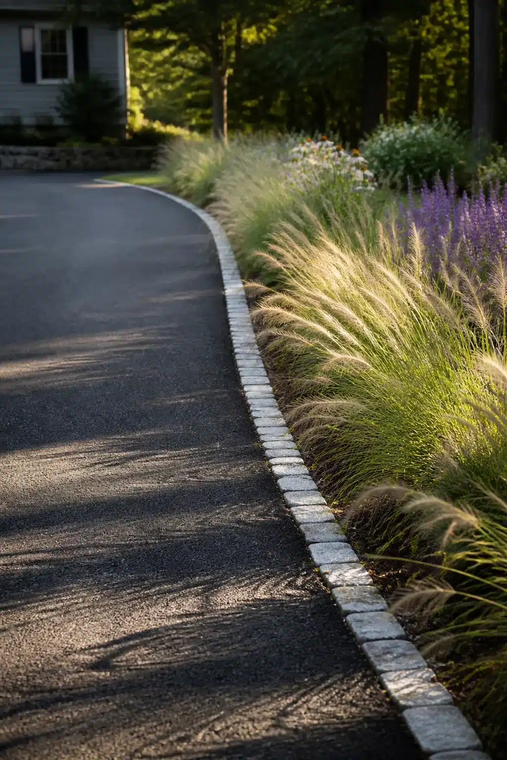 Ornamental grass ribbon with granite sett edging along a curved driveway — driveway border ideas for a natural look