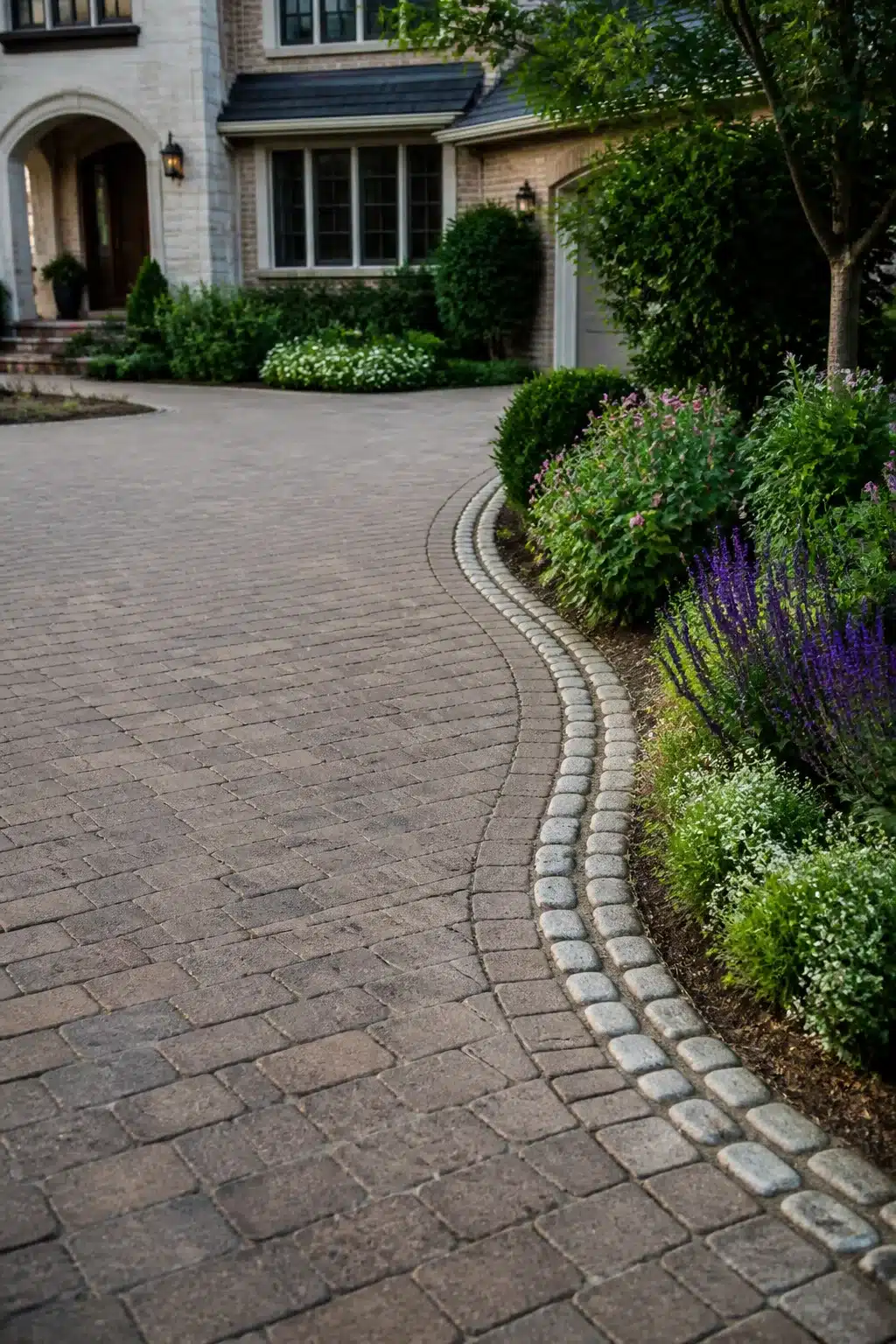 Driveway border ideas with cobblestone runner strip edging and layered purple salvia planting alongside brick pavers.