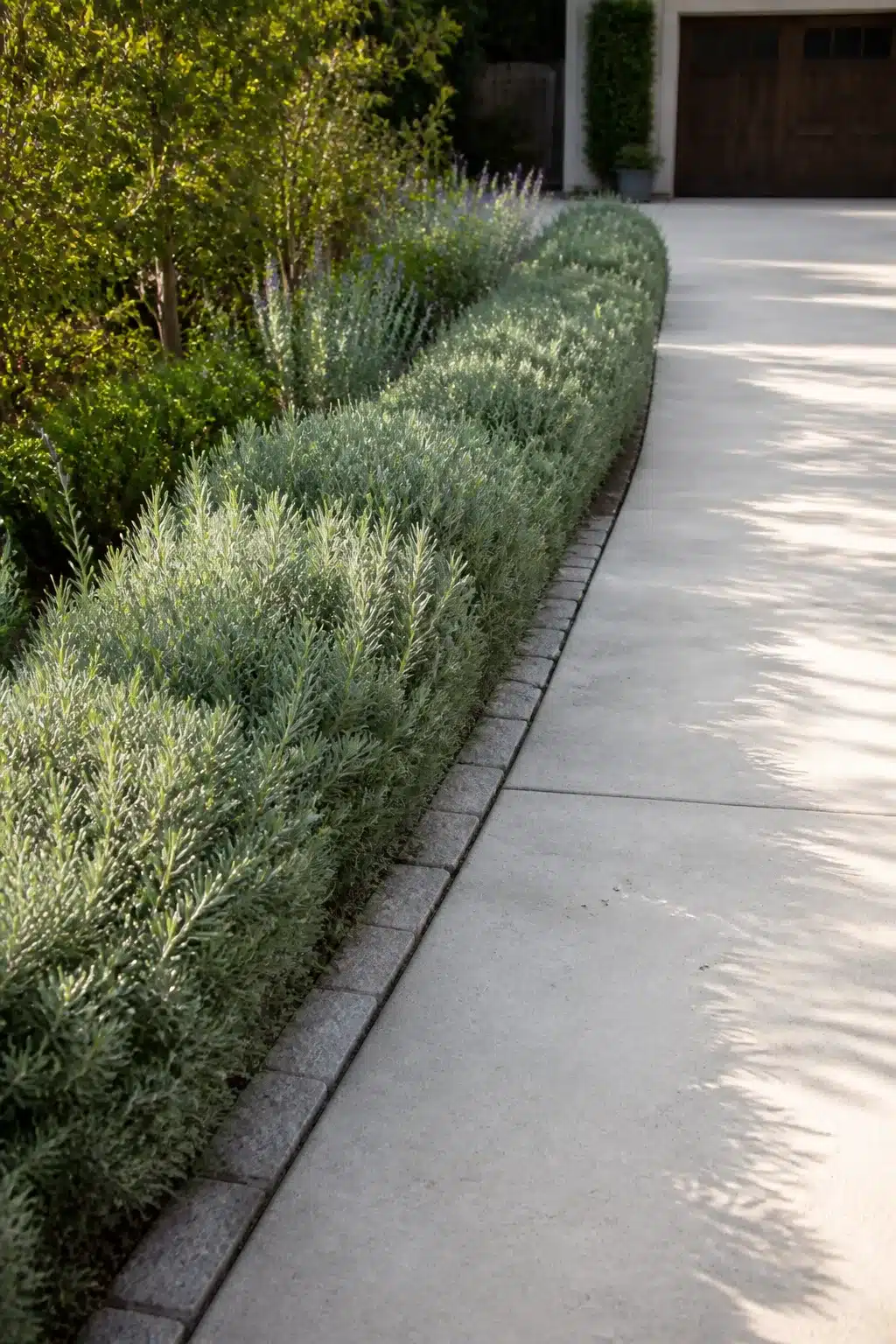 Curved low rosemary hedge driveway border ideas with concrete curb edging along a smooth driveway