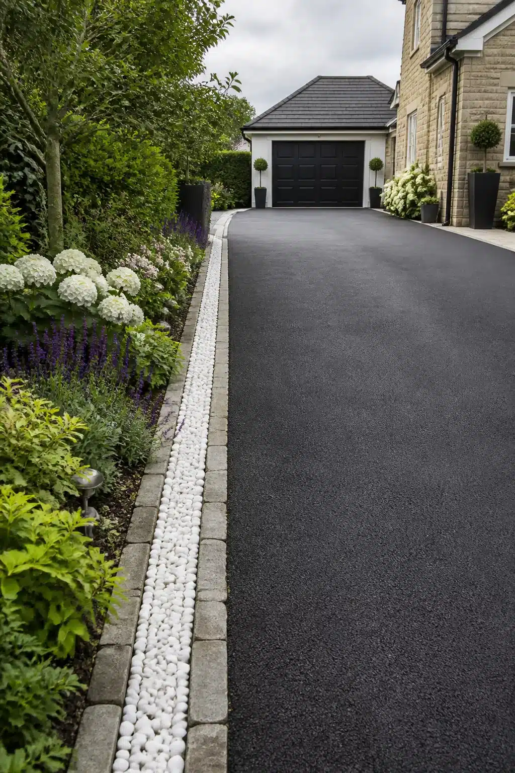 White pebble channel driveway border ideas with stone sett edging and hydrangea planting alongside black tarmac