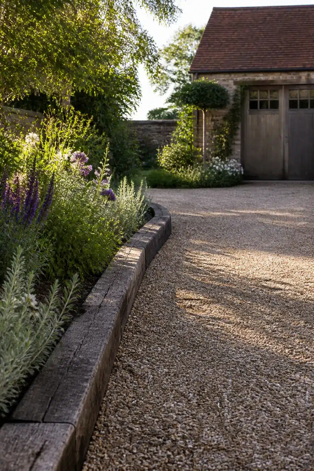 Timber sleeper driveway border ideas with purple salvia and gravel edging beside a stone country house