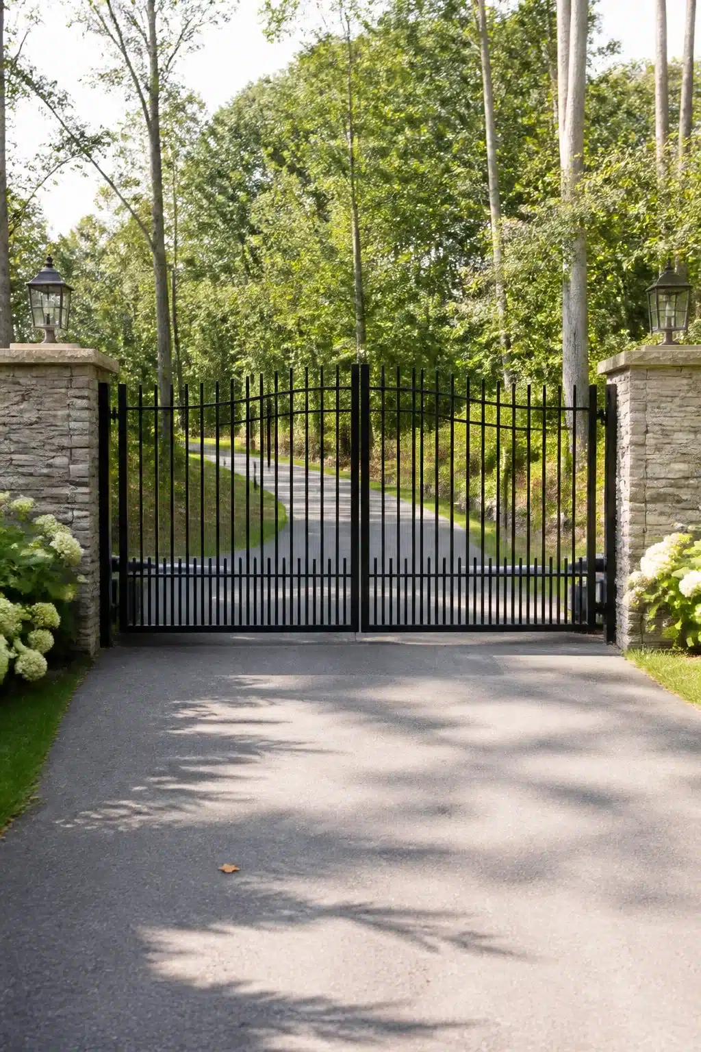 Black steel arched double swing gate with stone pillars and hydrangeas — driveway gate ideas for a grand entrance