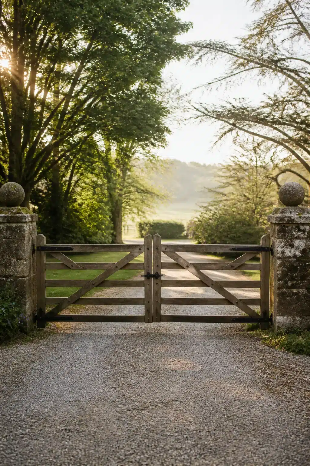 Weathered oak five-bar farm gate between stone pillars — rustic driveway gate ideas for country homes