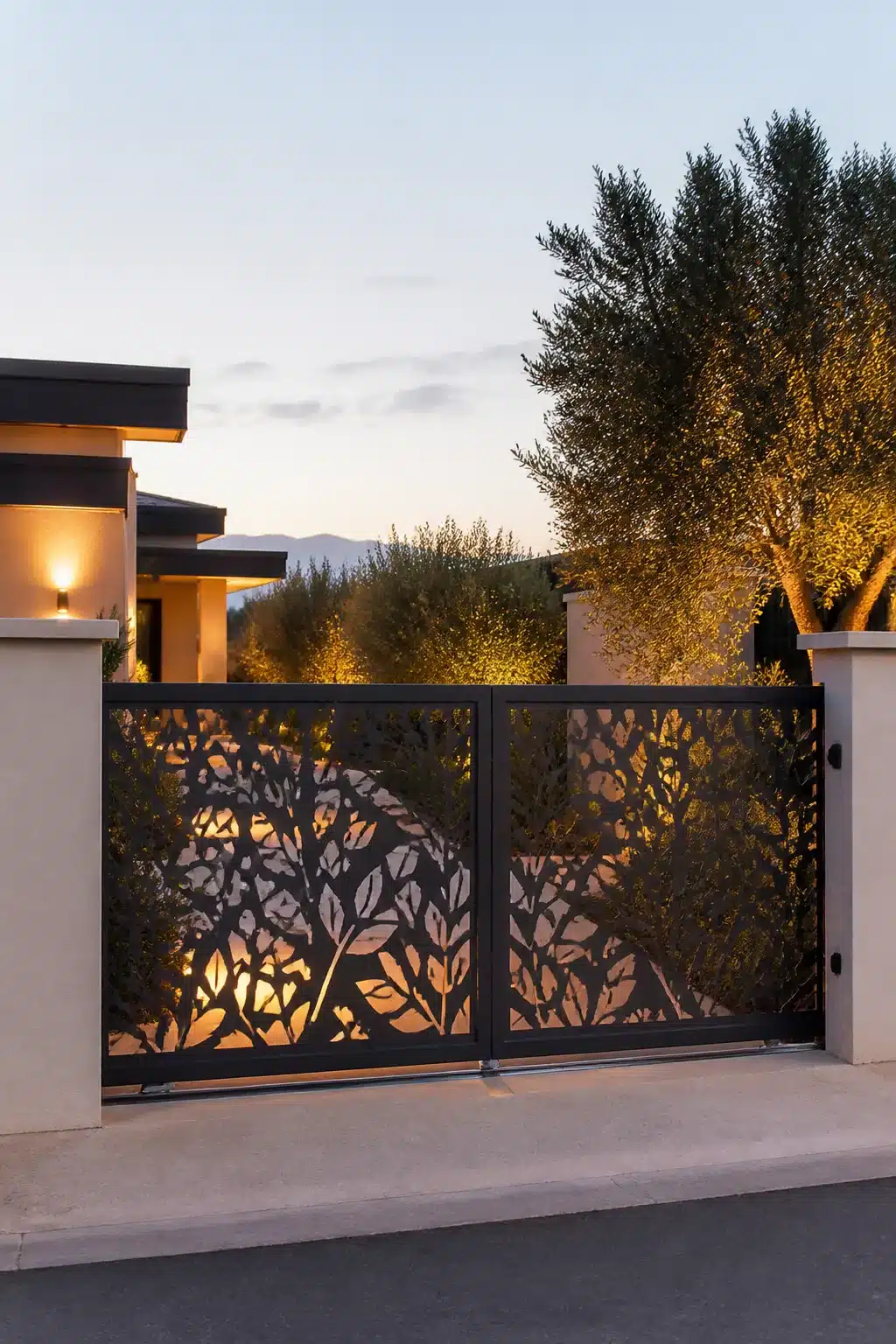 Laser-cut leaf pattern steel driveway gate ideas with backlit uplighting at dusk entrance