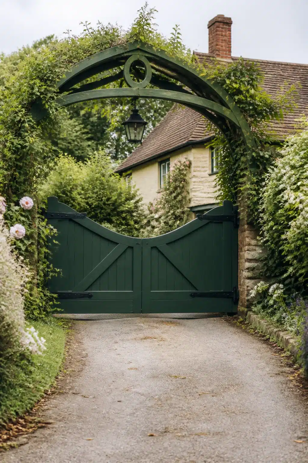 Painted green timber double driveway gate with arched trellis and hanging lantern — driveway gate ideas