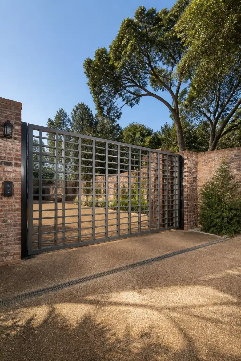Dark steel grid sliding driveway gate between red brick walls — driveway gate ideas for modern entrances