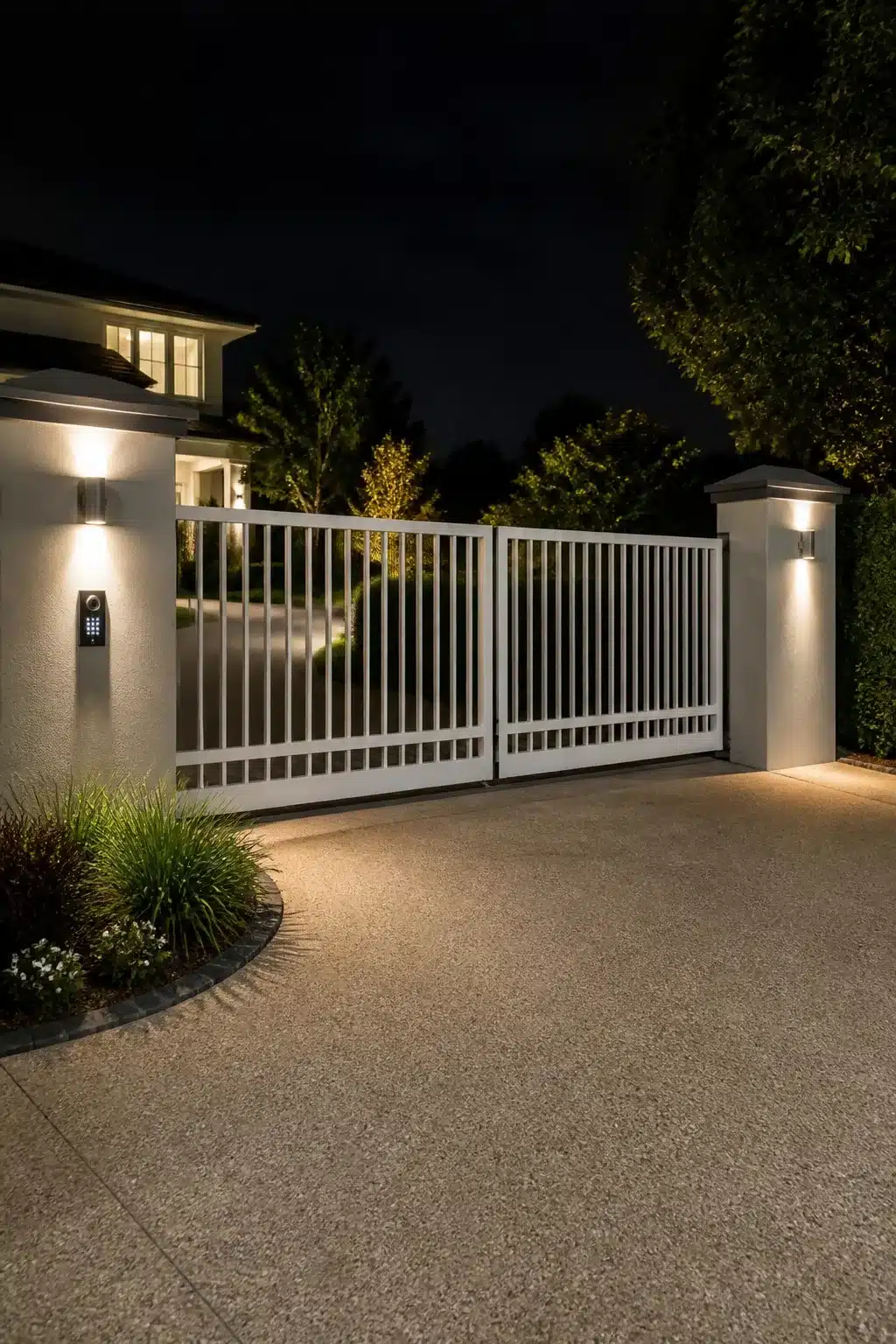 White aluminium swing driveway gate with smart keypad pillar and night lighting — driveway gate ideas