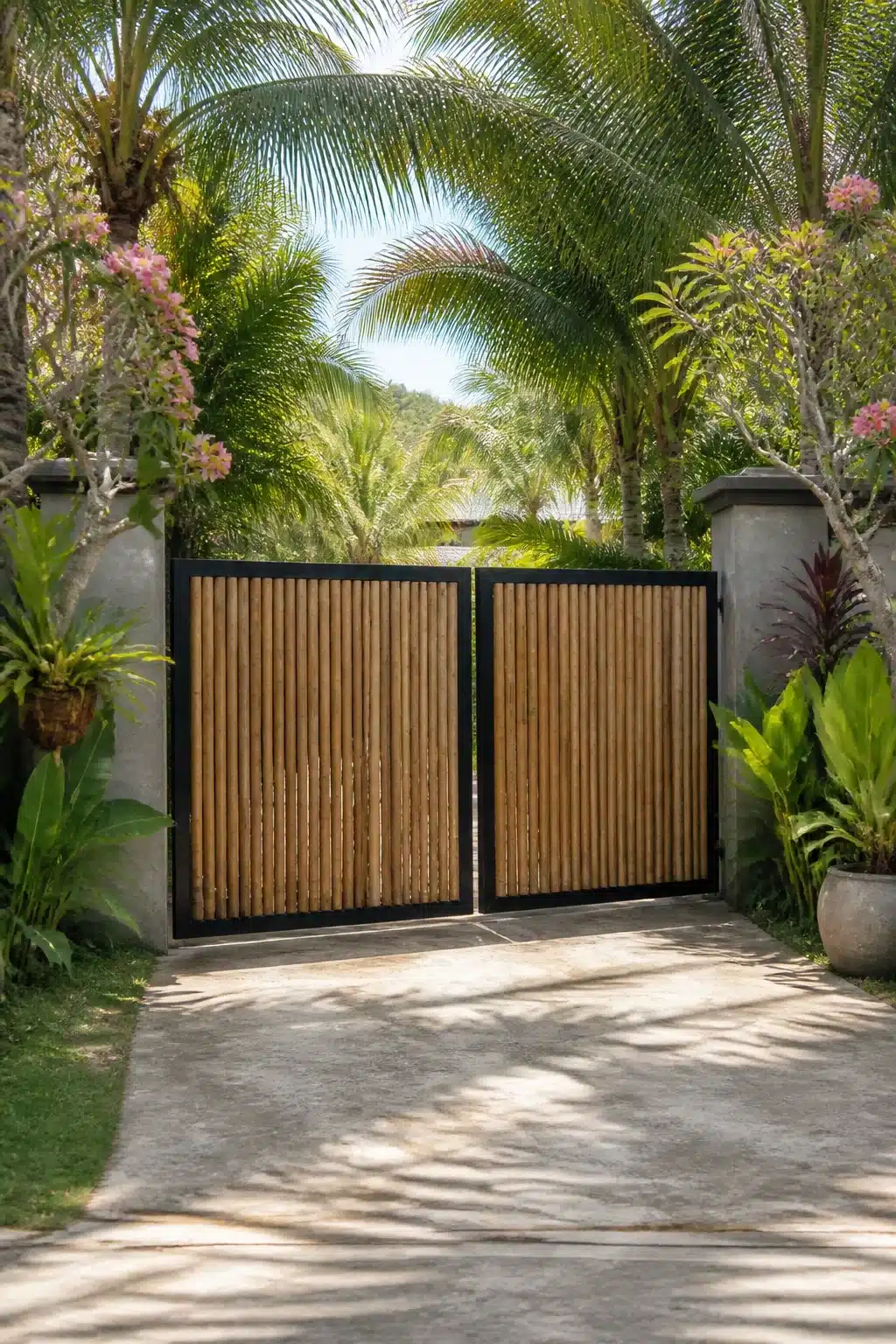 Bamboo slat driveway gate with black steel frame flanked by palms and tropical plants — driveway gate ideas