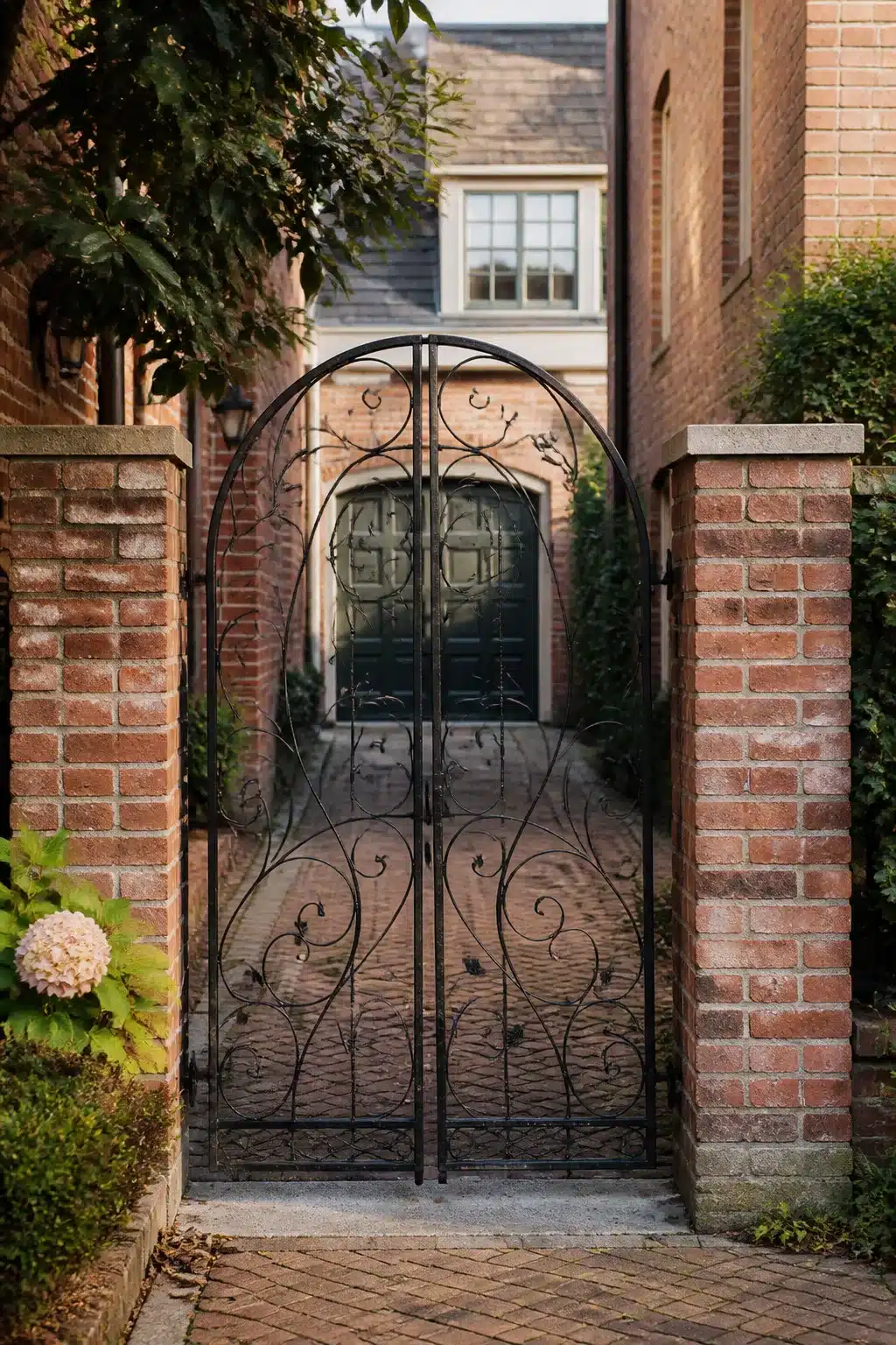 Arched scrollwork wrought iron driveway gate between brick pillars — classic driveway gate ideas for traditional homes