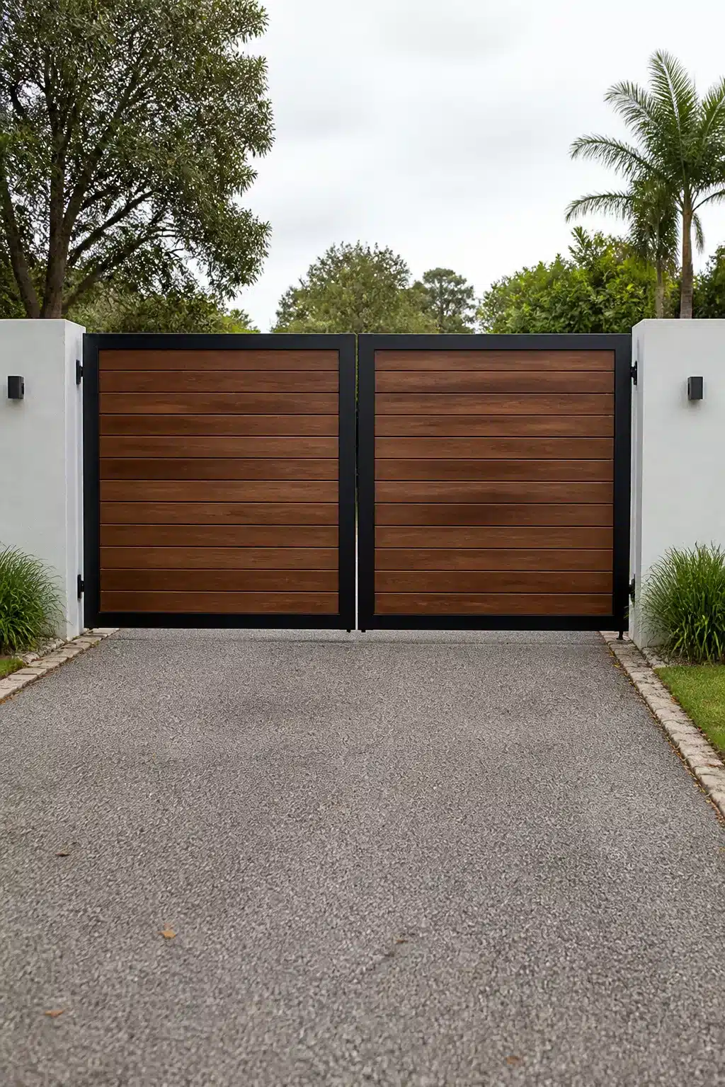 Flat-top matte black steel gate with warm wood horizontal slat infill — driveway gate ideas for modern homes