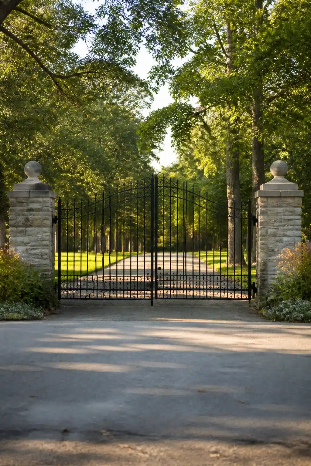 Stone pillar wrought iron driveway gate ideas with tree-lined gravel entrance and scrollwork detail