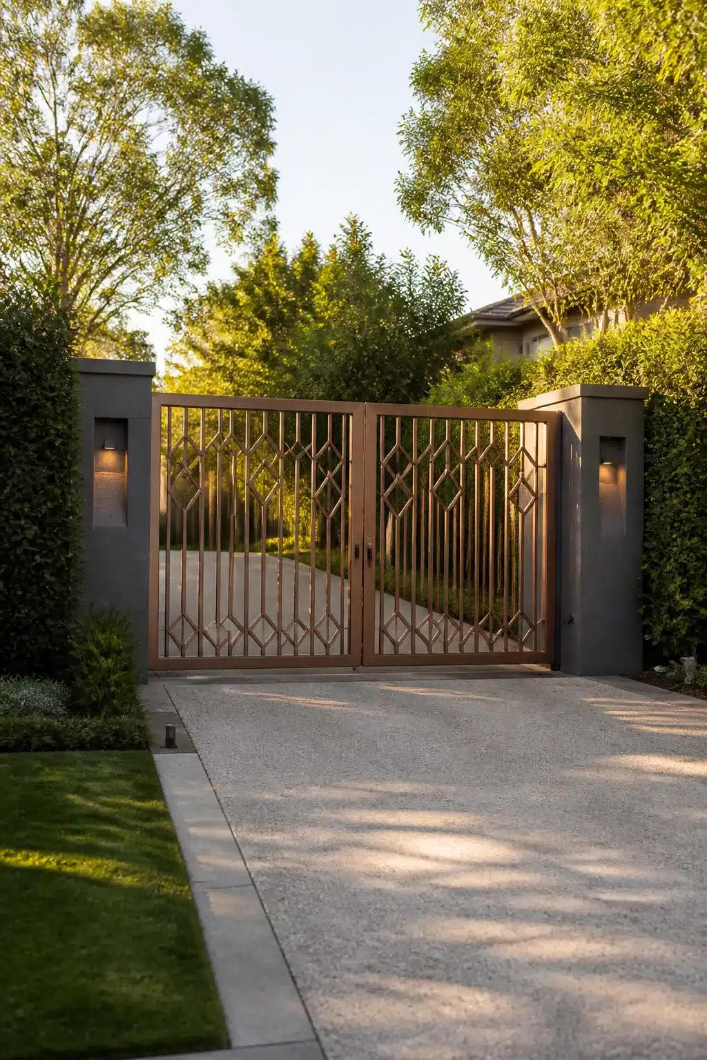 Copper-finish diamond pattern swing driveway gate ideas with concrete pillars and wall lights at dusk