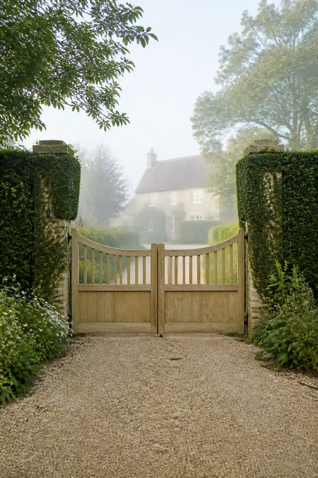 Natural oak double driveway gate framed by clipped hedges and stone pillars — driveway gate ideas for a country entrance