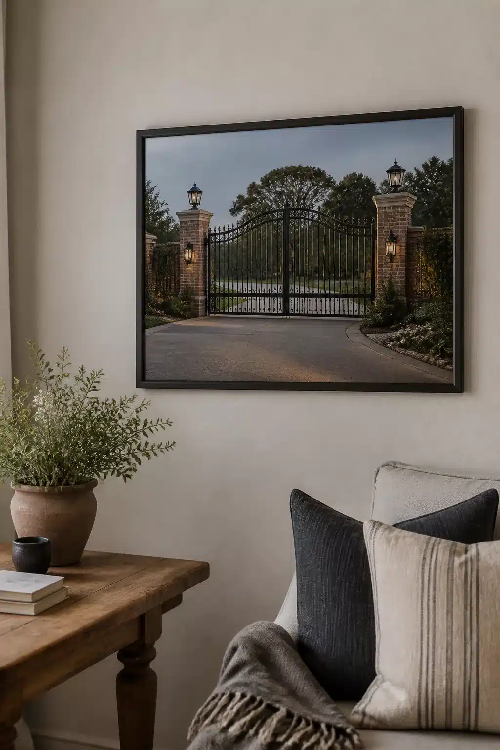 Ornate wrought iron double driveway gate with brick pillars and lanterns — Driveway Gate Ideas