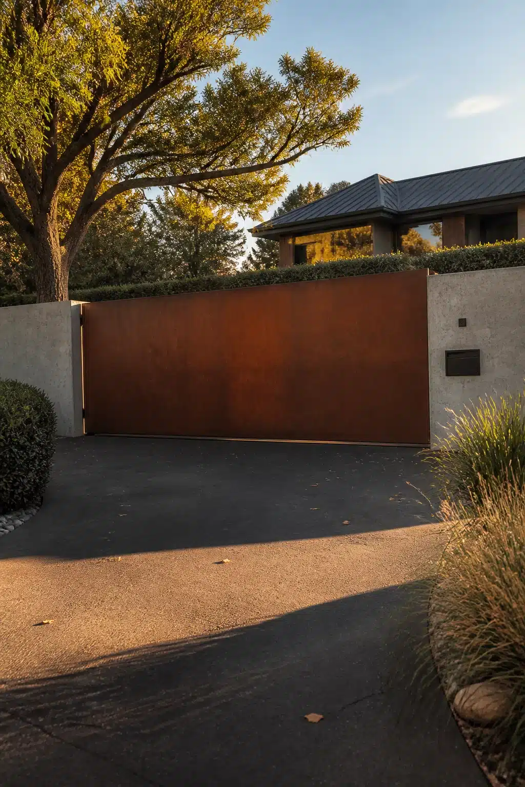 Corten steel cantilever sliding driveway gate ideas with concrete wall and mature trees at golden hour