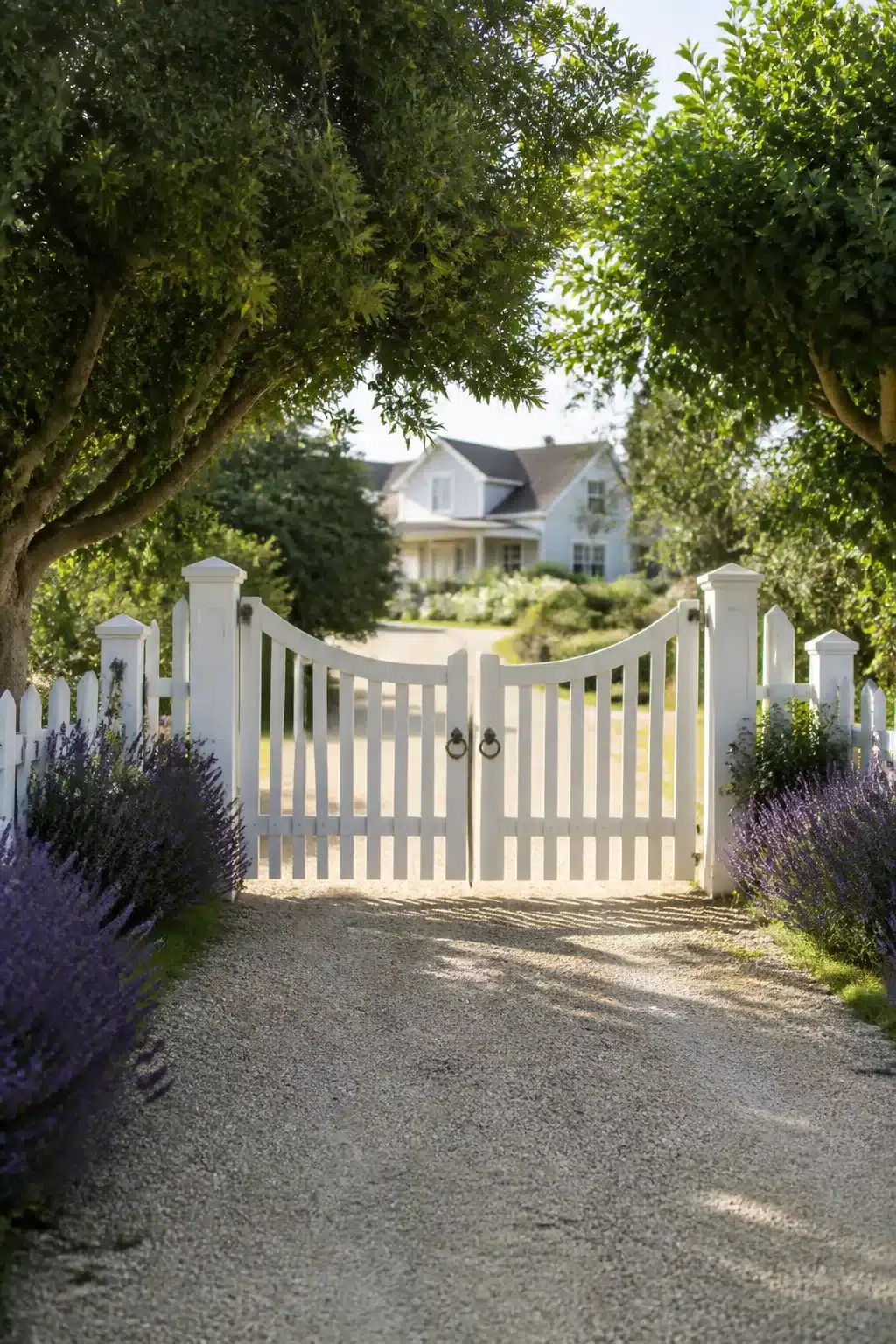 White picket swing driveway gate ideas with lavender borders and gravel entrance leading to a farmhouse