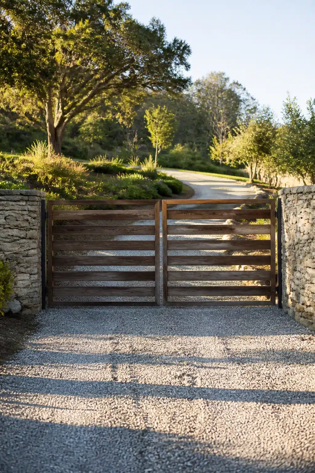 Rustic horizontal timber slat driveway gate with stone walls and gravel entrance — driveway gate ideas