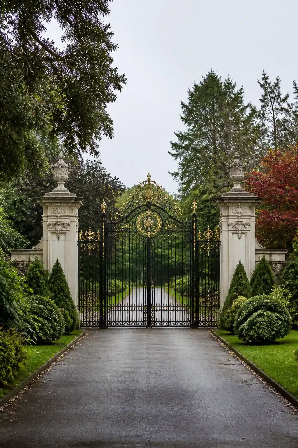 Grand gilded wrought iron driveway gate with stone pillars and gold scrollwork — driveway gate ideas for estate entrances