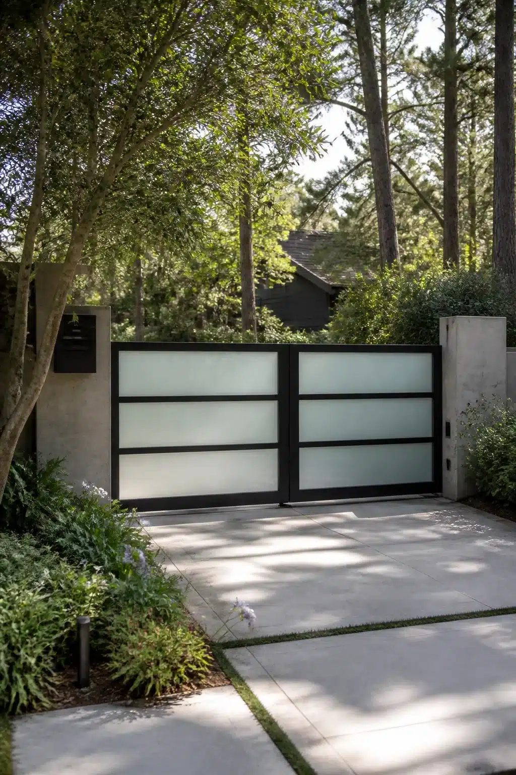 Frosted glass panel driveway gate ideas with black steel frame, concrete pillars, and lush green landscaping