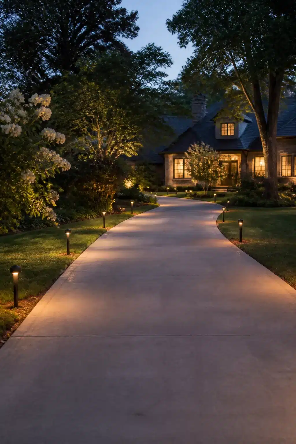 Driveway lighting ideas with dark metal bollard lights lining a concrete driveway at dusk leading to a stone home.
