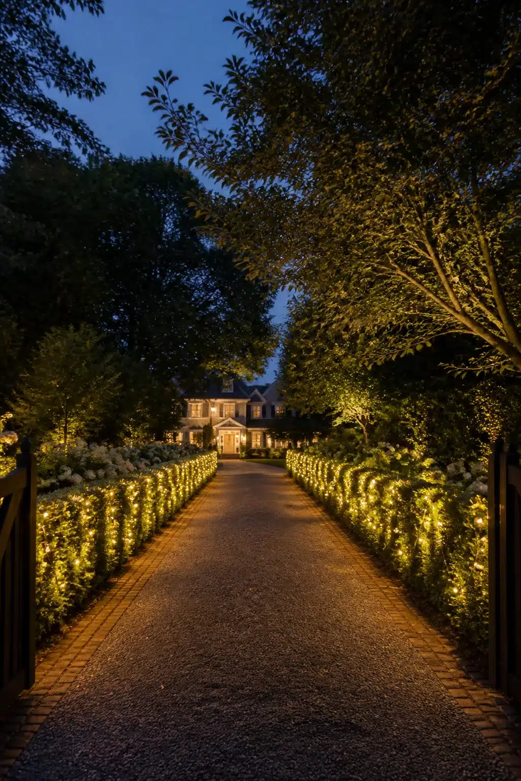 Driveway lighting ideas with fairy lights woven through clipped hedge borders lining a gravel driveway at dusk
