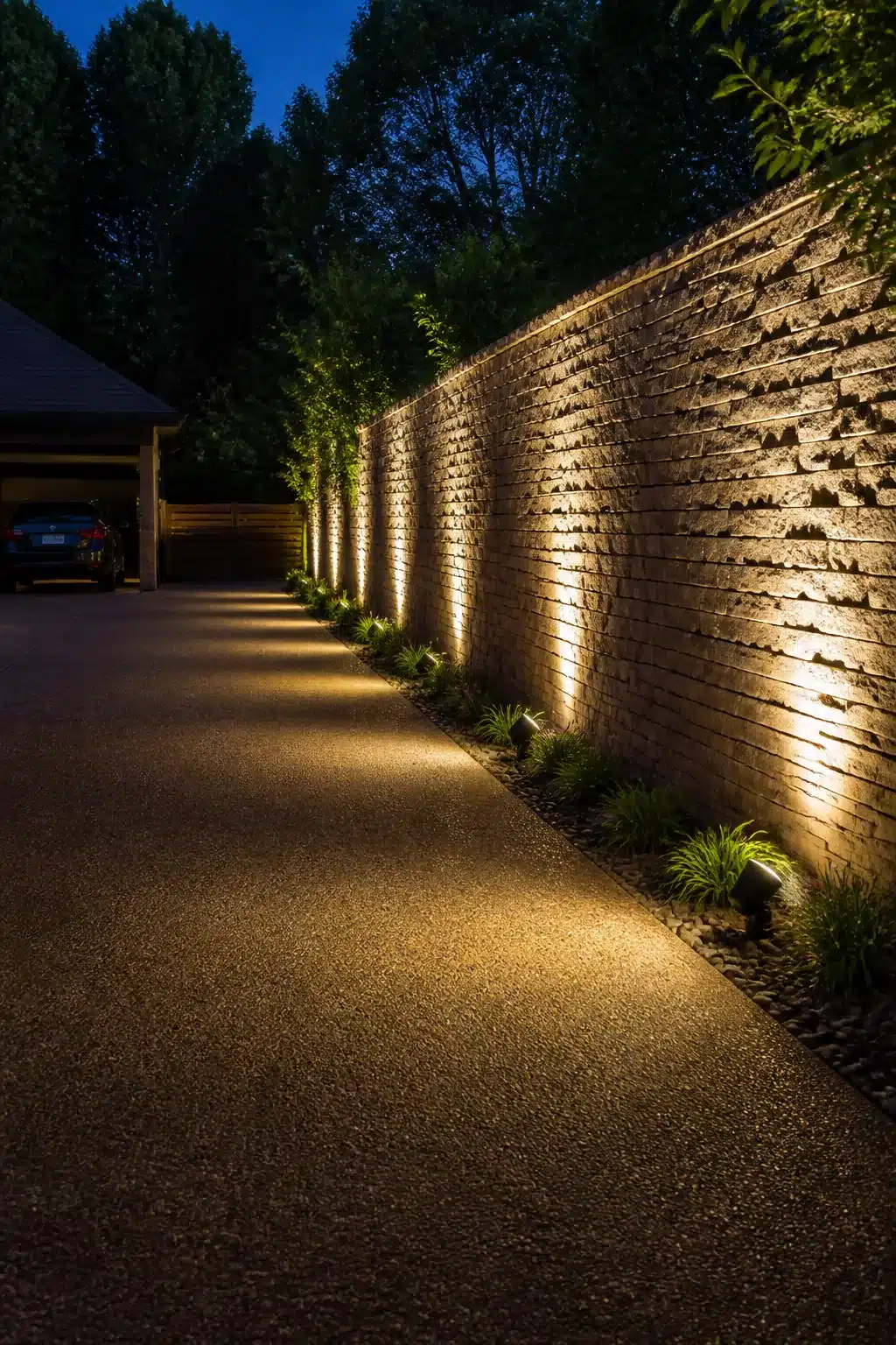 Spike spotlights aimed at a stacked stone wall along a gravel driveway — driveway lighting ideas for dramatic nighttime curb appeal.