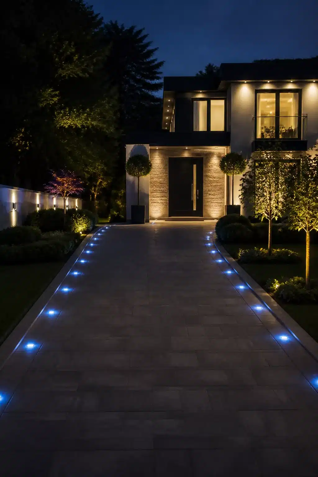 Blue LED border lights along a porcelain driveway at night — driveway lighting ideas for a modern home exterior