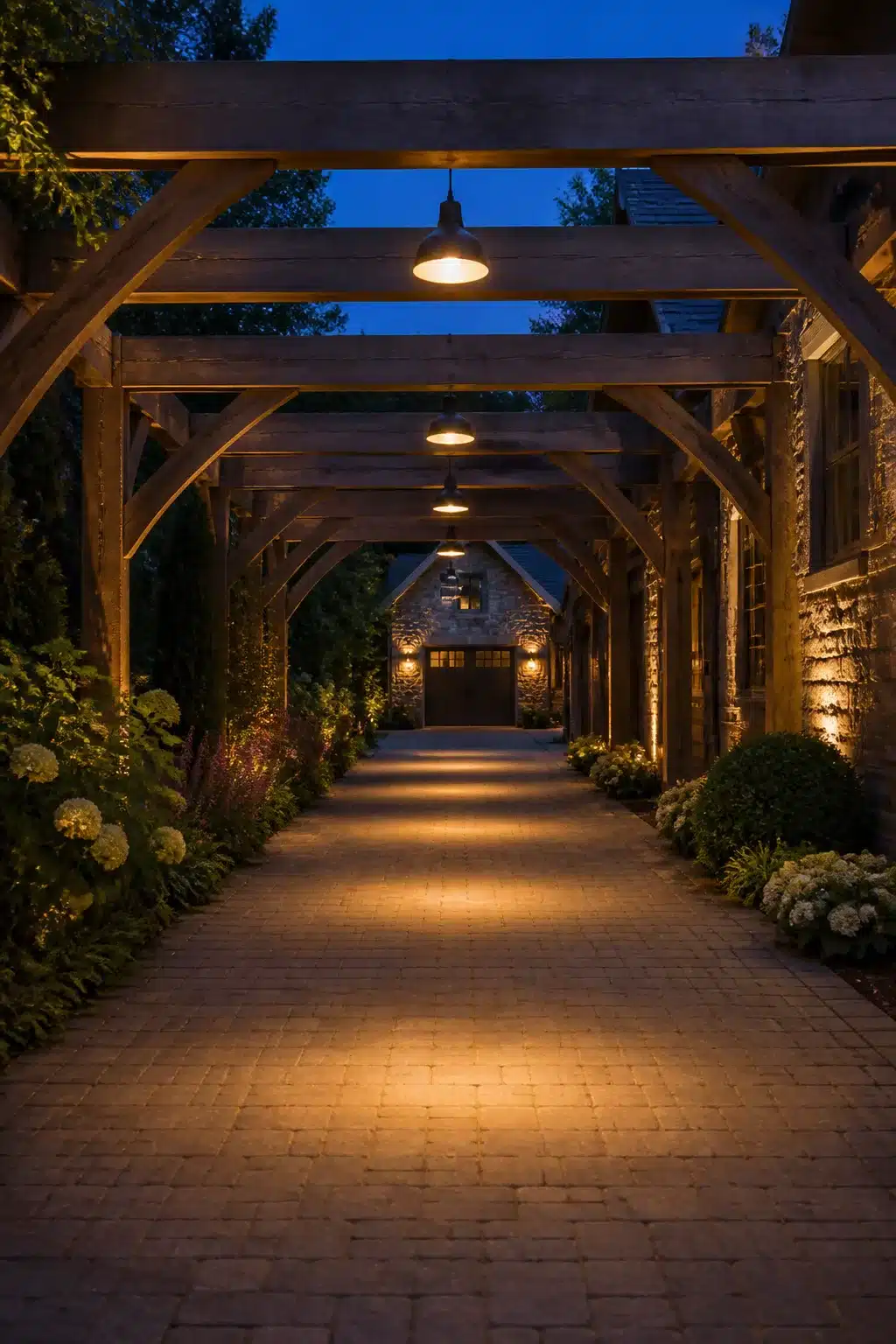 Timber pergola with pendant lights over a brick paver driveway at dusk — Driveway Lighting Ideas