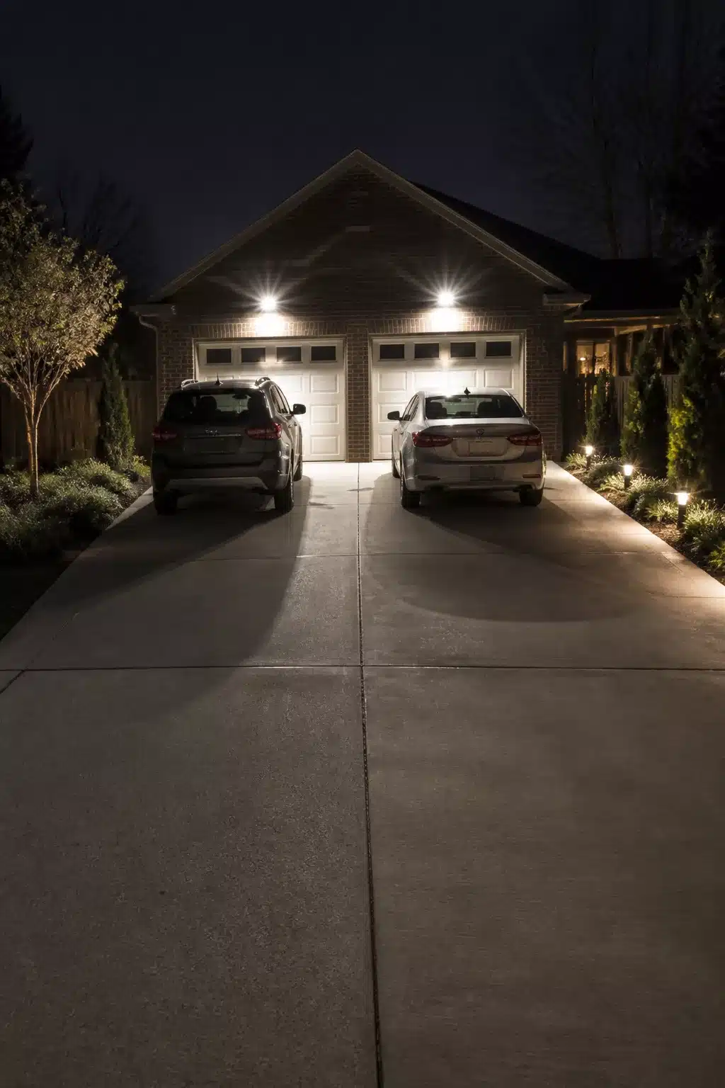 High-mounted floodlights on a brick garage facade lighting a wide concrete driveway at night — driveway lighting ideas