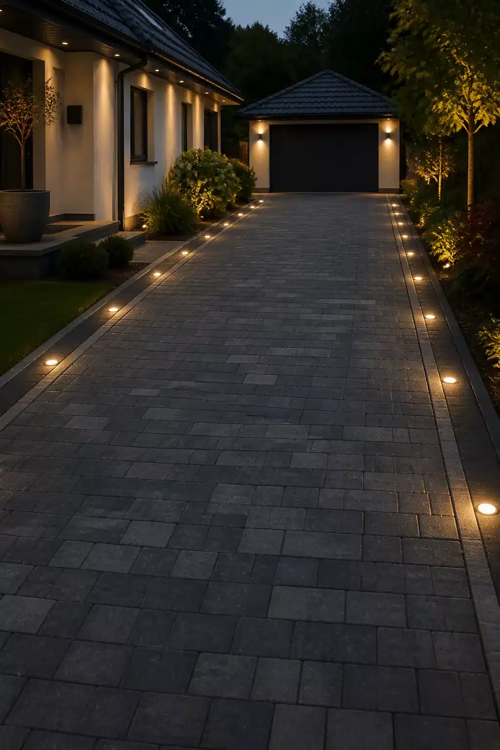 Driveway lighting ideas with flush ground lights set into dark block paving edging at dusk
