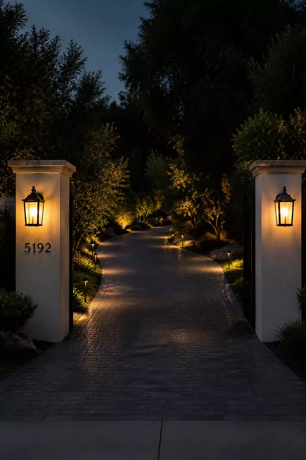Driveway lighting ideas with carriage lanterns on stucco entry columns and bollard lights lining a brick paver drive at dusk.