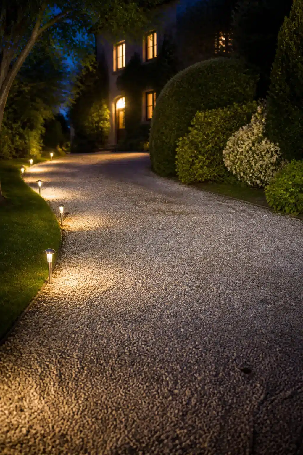Solar stake lights lining a gravel driveway at night — driveway lighting ideas for a warm, low-effort look