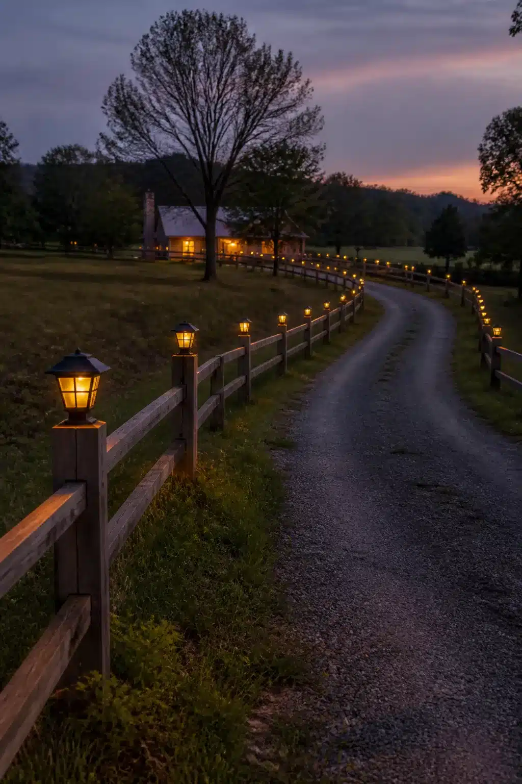 Solar lantern caps on split-rail fence posts lining a gravel driveway at dusk — driveway lighting ideas
