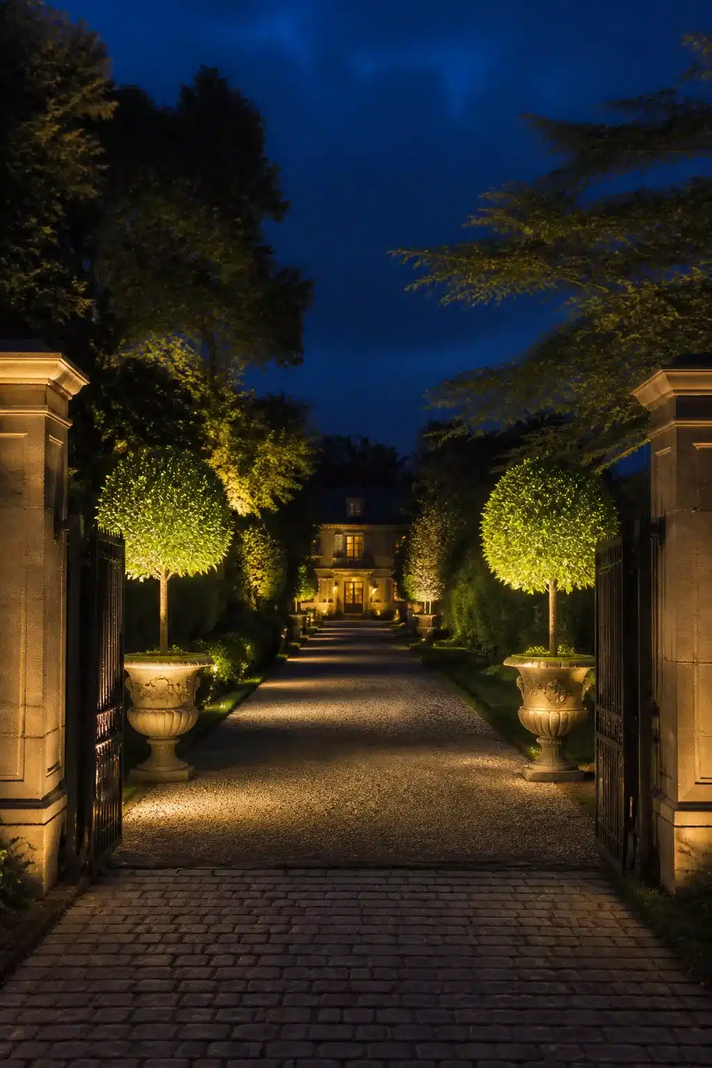 Stone urn topiary uplighting flanking a formal gravel driveway entrance at dusk — Driveway Lighting Ideas