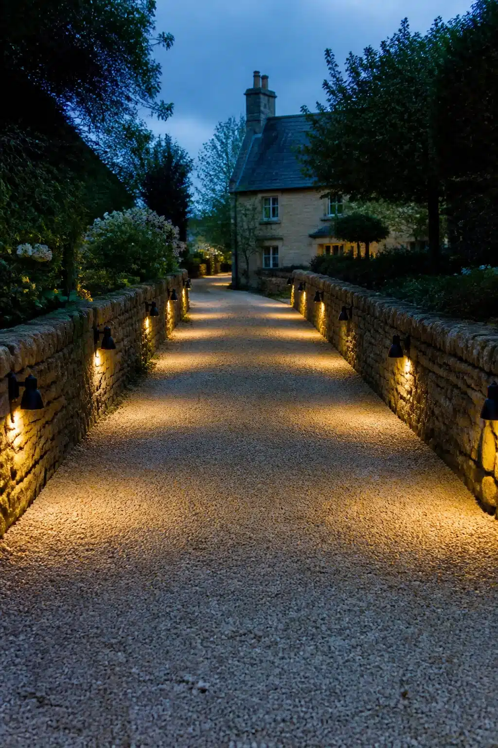 Driveway lighting ideas: black barn wall lights on dry-stone walls lining a gravel driveway at dusk