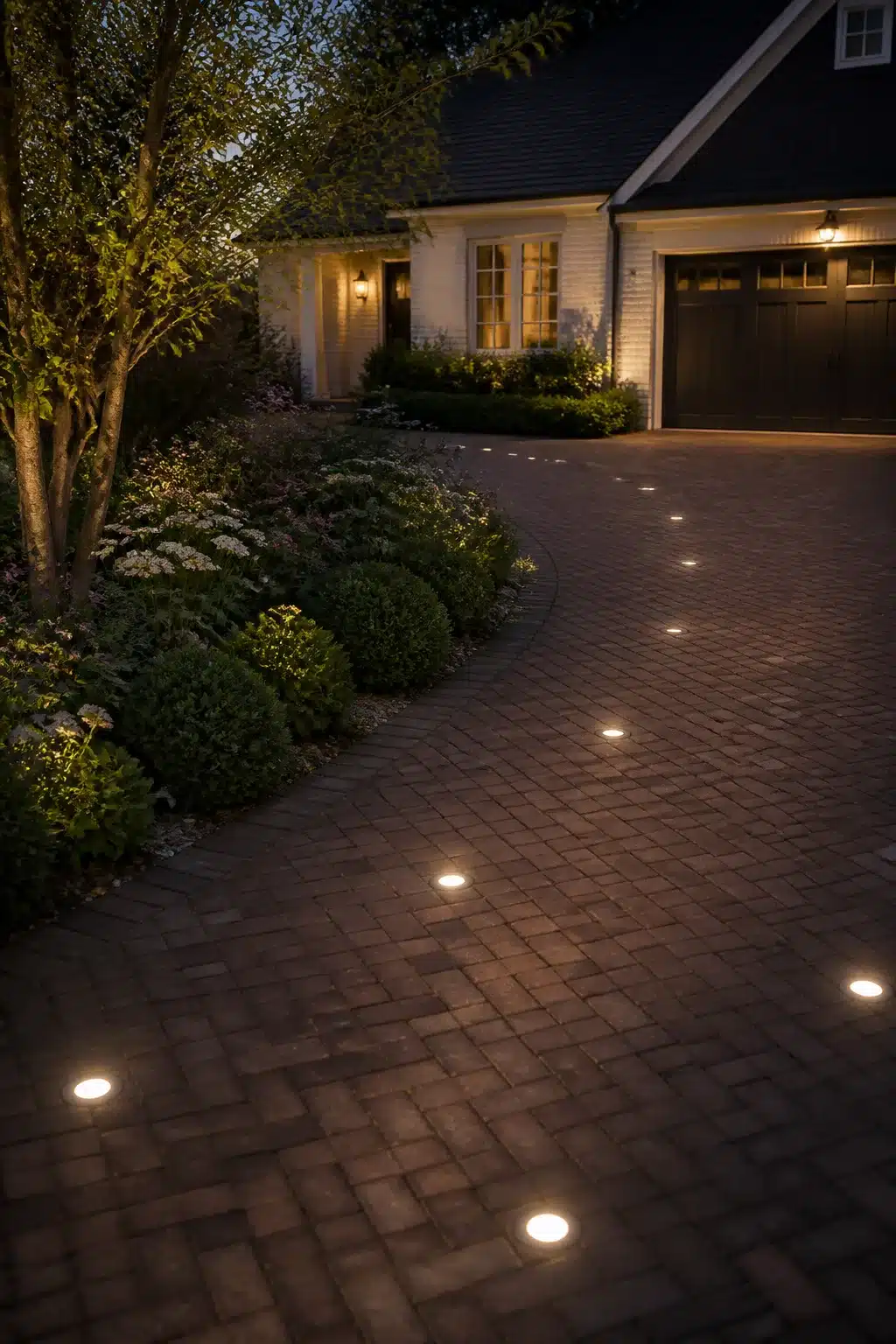 Flush in-paver round lights glowing across a herringbone brick driveway at dusk — driveway lighting ideas for traditional homes.