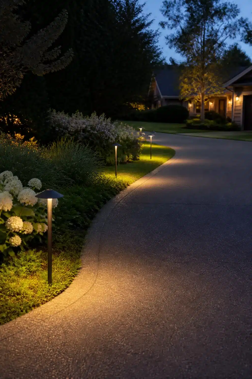 Mushroom cap driveway lighting ideas lining a curved asphalt drive bordered by white hydrangeas at dusk