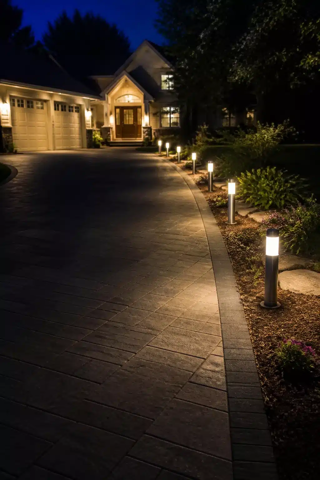 Slim bollard driveway lighting ideas with stamped concrete pavers lit at night by timed pathway lights