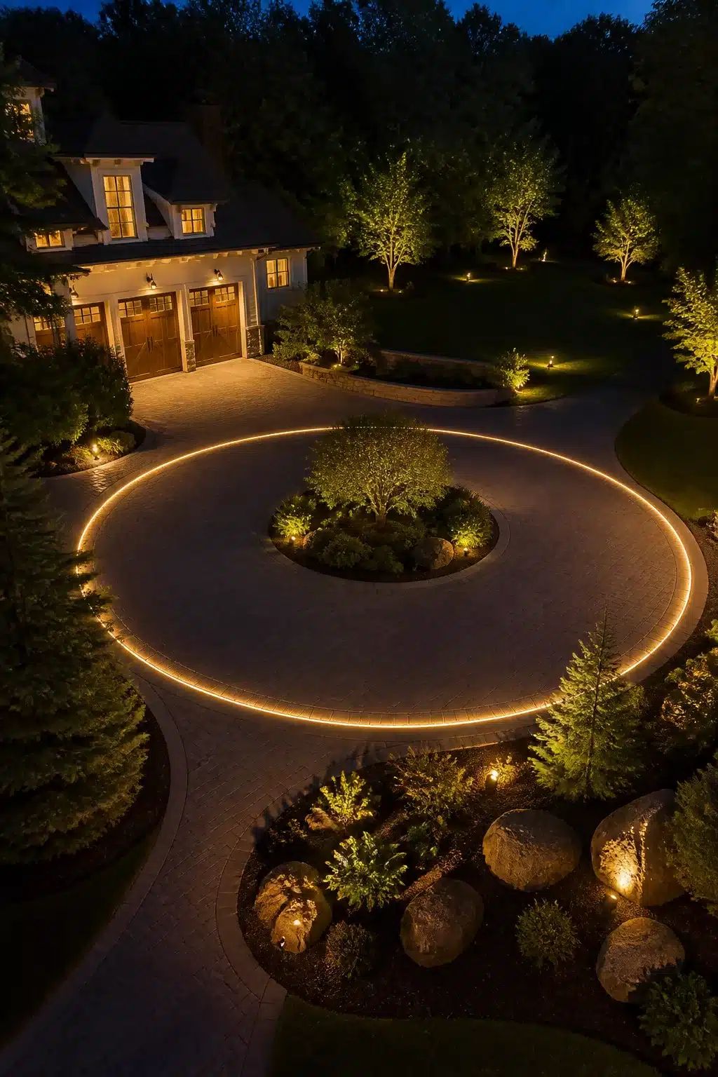 Driveway lighting ideas — rope light outlining a circular paver roundabout with center island uplighting at night.