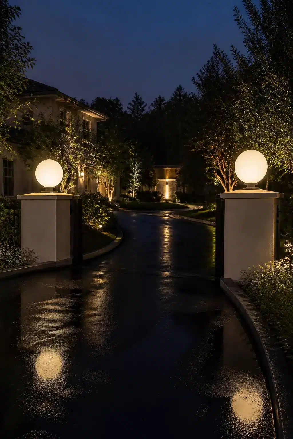 Globe sphere driveway lighting ideas on stucco gate pillars reflecting on wet asphalt at night