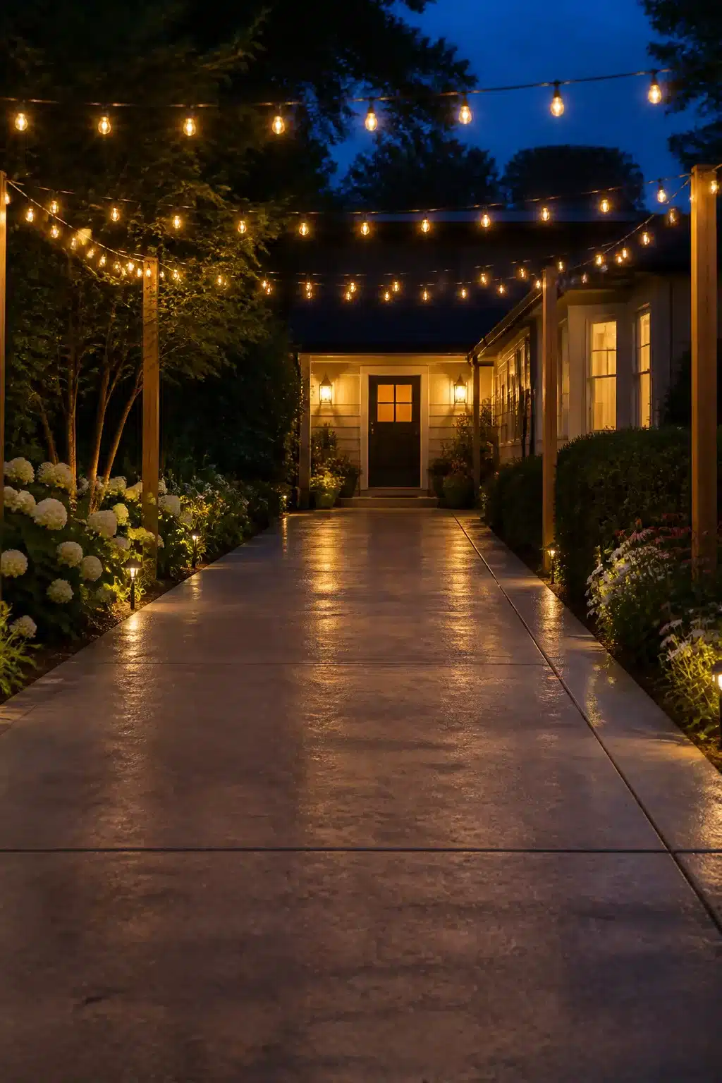 Edison bulb string lights overhead on a concrete driveway at dusk — driveway lighting ideas with hydrangea borders