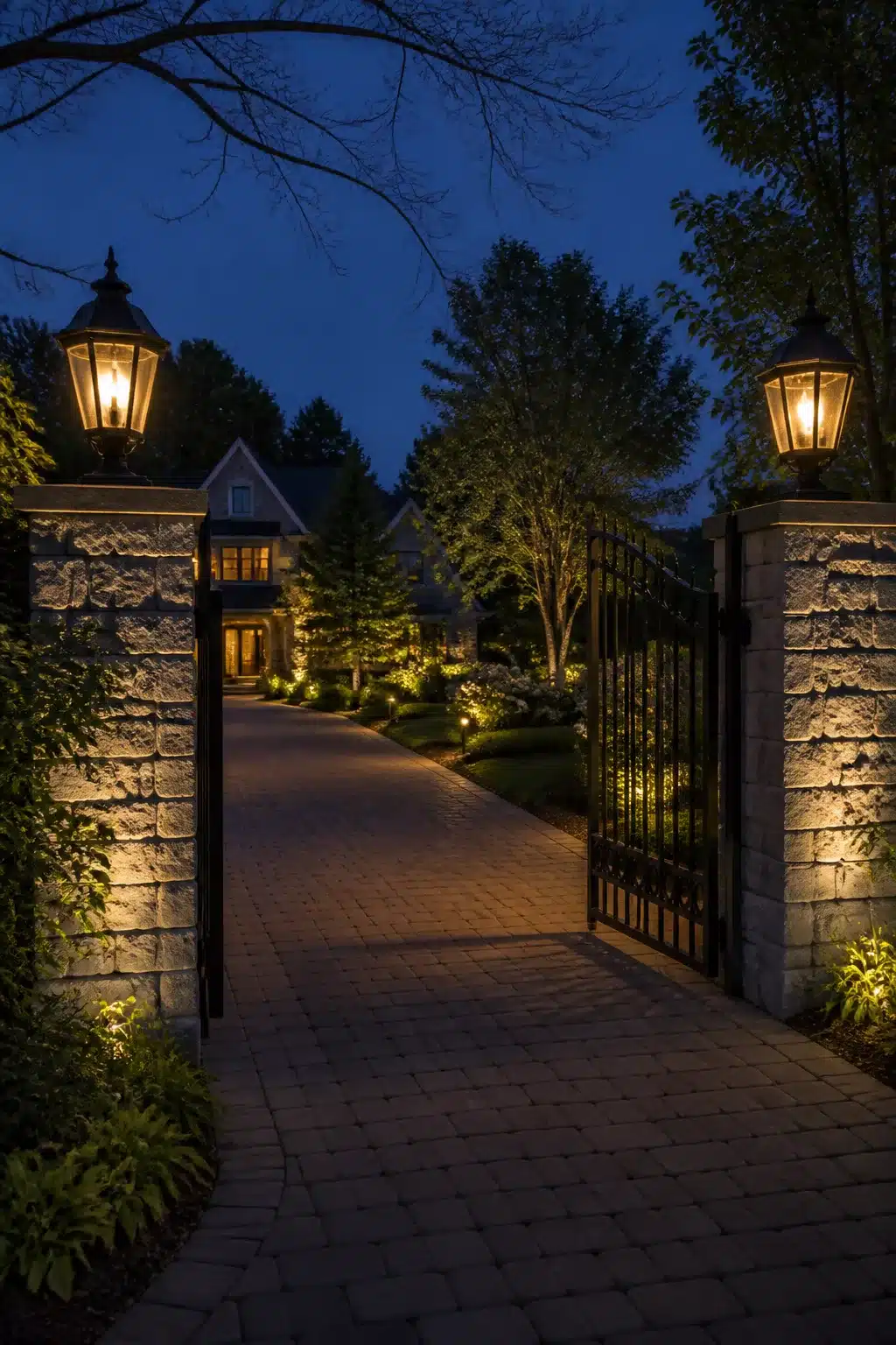 Stone pillar lantern post lights at an iron entry gate — driveway lighting ideas for a brick paver drive at night