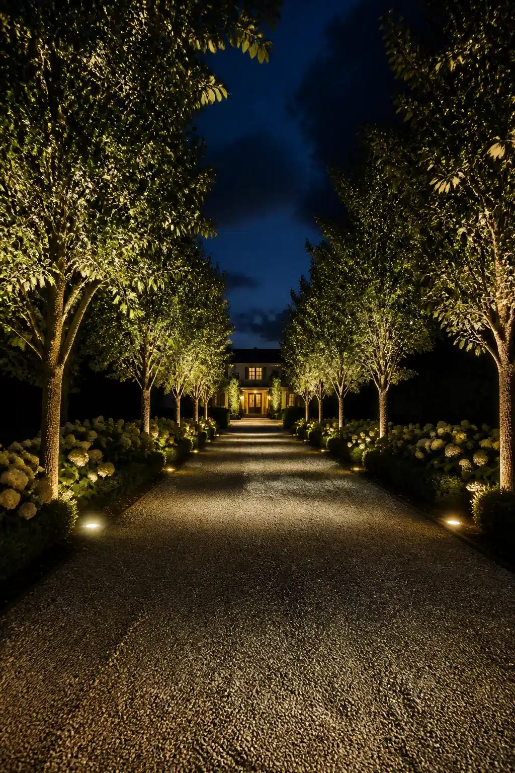 Driveway lighting ideas: warm uplights on a tree-lined gravel allee with glowing hydrangea borders at night.