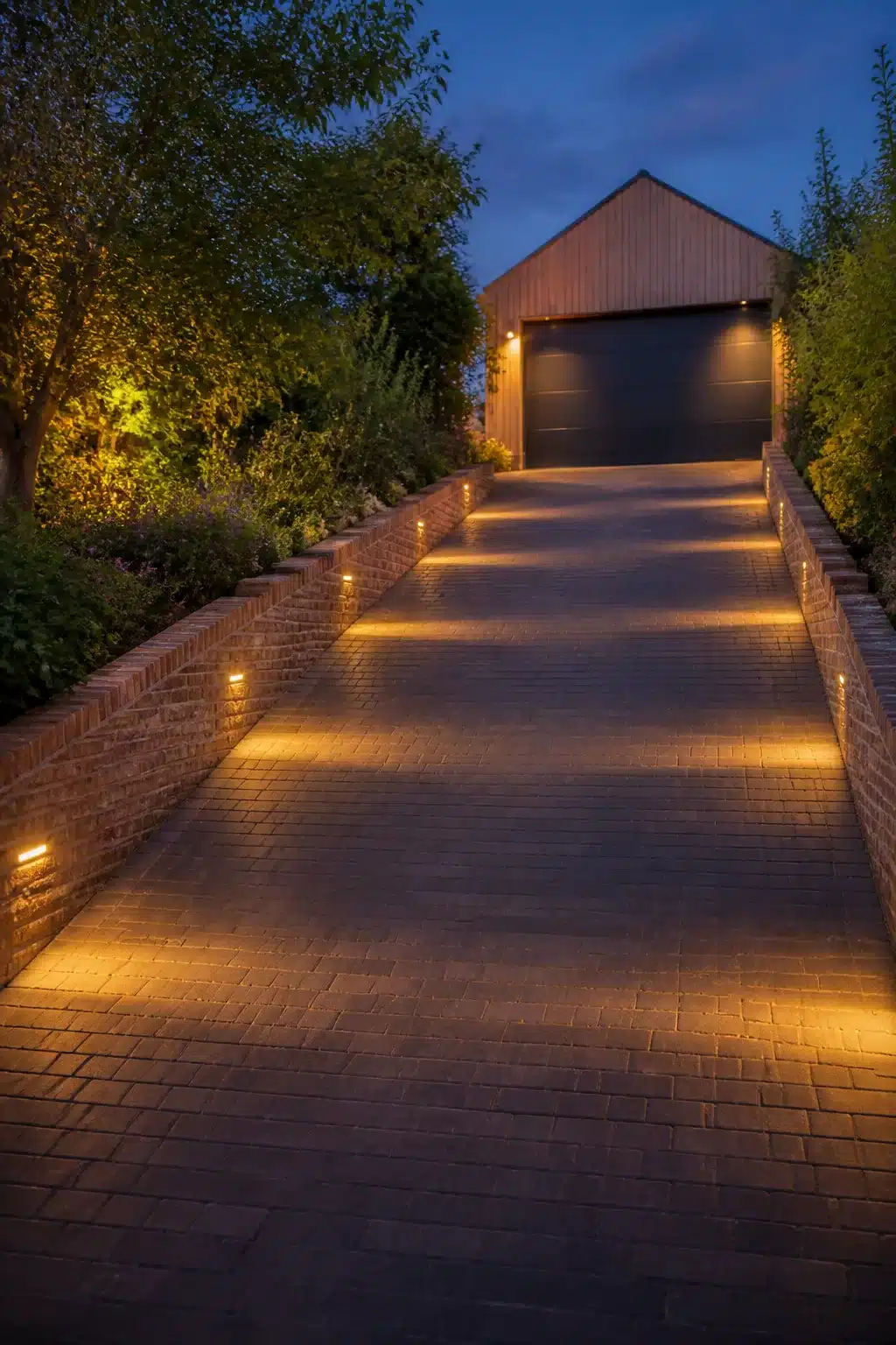 Warm amber low-voltage lights built into brick retaining walls along a sloped driveway — driveway lighting ideas at dusk