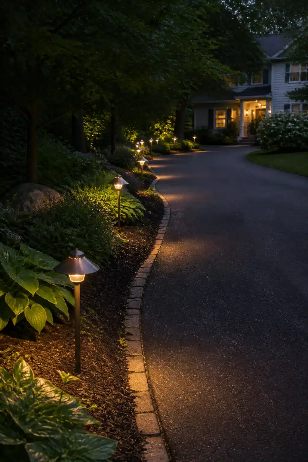 Pagoda shade path lights lining a curved driveway at dusk — driveway lighting ideas with low-voltage border fixtures
