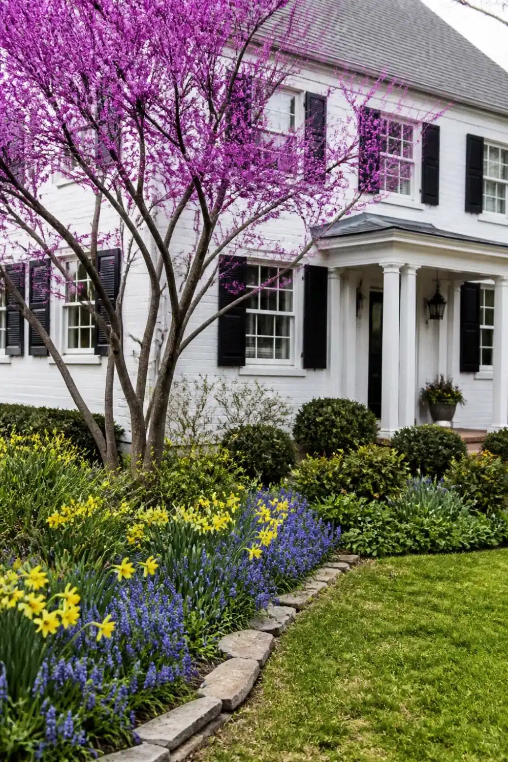 Front yard tree landscaping with a blooming redbud tree above a daffodil and grape hyacinth spring bulb border