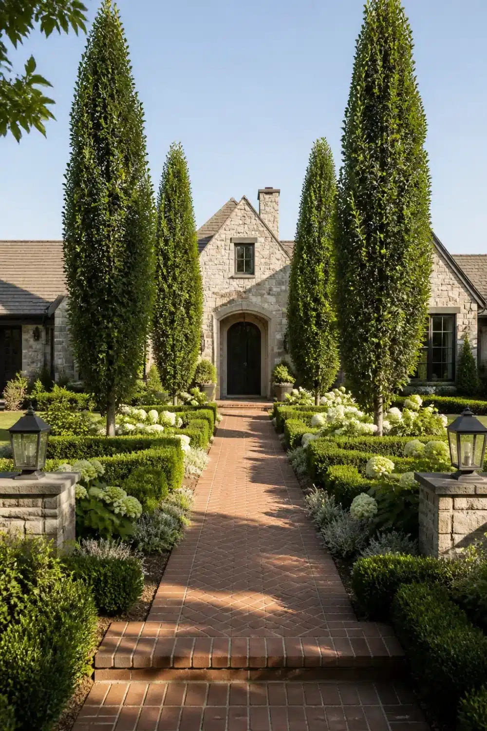 Front yard tree landscaping with tall columnar trees, herringbone brick path, and boxwood parterres leading to a stone home.